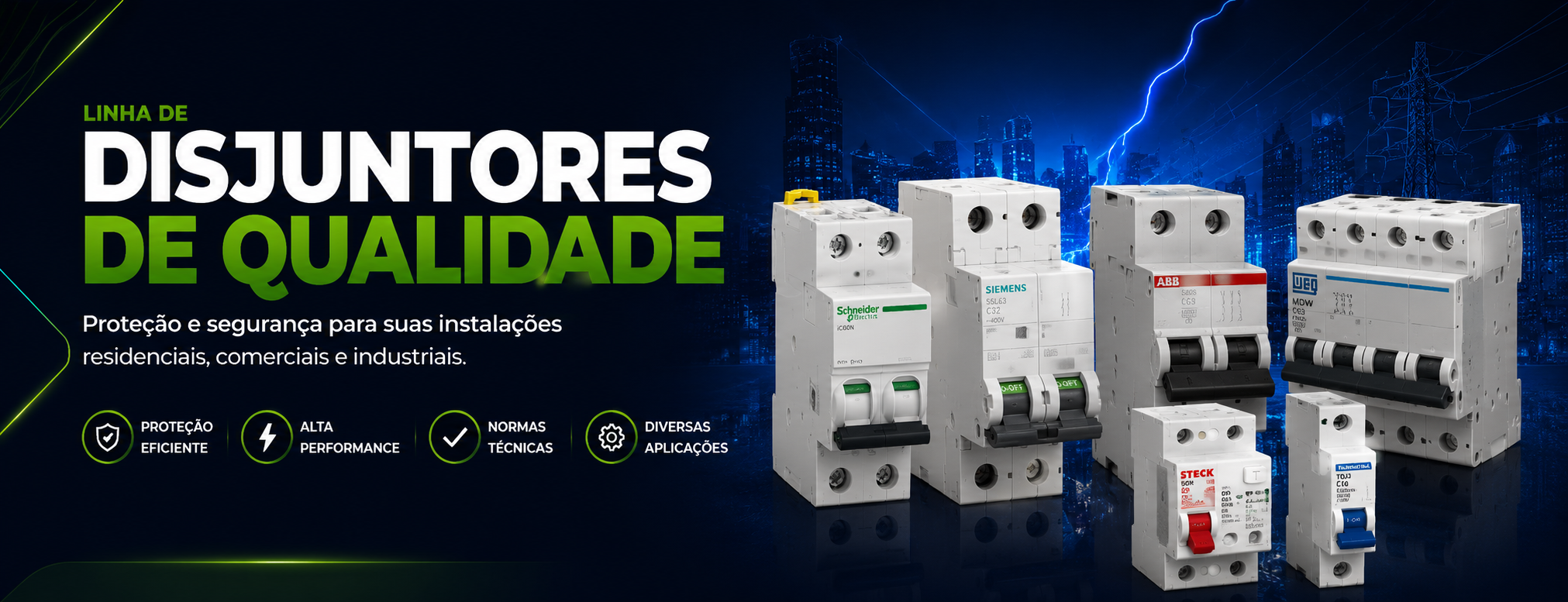 Materiais de disjuntores para proteção elétrica em instalações residenciais, comerciais e industriais.
